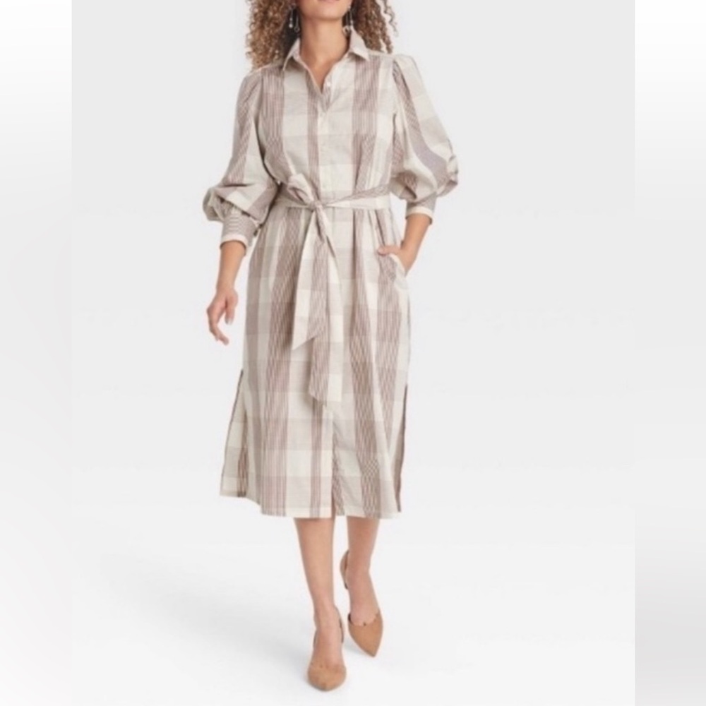 A New Day Cream Brown Plaid Cotton Midi Belted Shirt Dress 100% Cotton L
